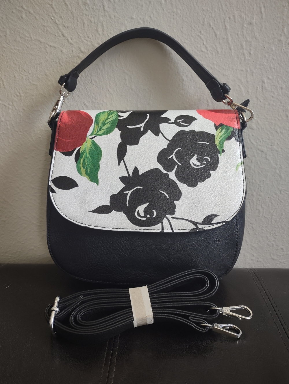 K. Carroll Accessories Floral Rose Crossbody Handbag - Black White & Red - Picture 3 of 16